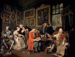 結婚アラモード：1、結婚契約、1743 作： William Hogarth
