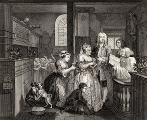 旧メイドと結婚し、「ウィリアム・ホガースの作品」の「A Rake&39;s Progress」のV版、1833年発行 作： William Hogarth