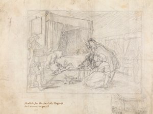 病院での手術風景 右下余白に補助スケッチ 作： William Hogarth