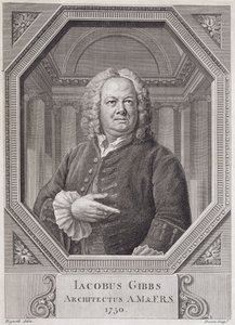 バーナード男爵（1696-c.1766）1750によって彫刻された「ラドクリフ図書館の平面図、断面図、標高」からのジェームズギブス（1682-1754）の肖像 作： William Hogarth