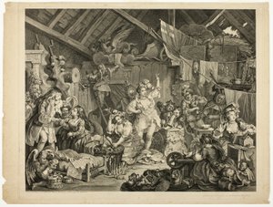 納屋でドレスアップする女優を散歩 作： William Hogarth