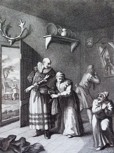 ドン・キホーテを家まで送るために変装する館長と理髪師。 作： William Hogarth