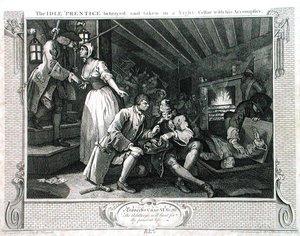 1833年に出版された「産業と怠惰」の第9版「売春婦に裏切られた怠け者のプレンティス」（エングレーヴィング） 作： William Hogarth