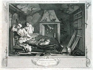 1833年に出版された「産業と怠惰」の第7版である「海から戻ったプレンティスが売春婦と一緒にガレットにいる」という怠惰な作品（エングレーヴィング） 作： William Hogarth