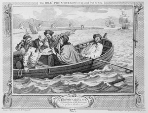 アイドル「プレンティスは振り向いて海に送られた」、「産業とアイドル」のプレートV、1747 作： William Hogarth