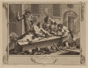 神の奉仕の間、教会の庭で遊んでいるアイドルのプレンティス 作： William Hogarth