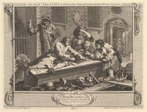 チャーチヤードで遊んでいるアイドルの弟子：産業とアイドル、プレート3、1747年9月30日。 作： William Hogarth