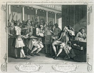勤勉な「ロンドンのプレンディスアルダーマン、彼の前に彼の前に彼の前にアイドルの1人の桃」、1833年に出版された「業界とアイドル」のプレートX 作： William Hogarth