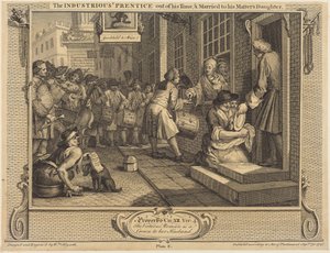 勤勉な見習いが修業期間を終え、師匠の娘と結婚した 作： William Hogarth