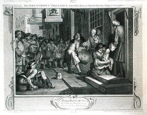勤勉な「時間のないプレンティスと主人の娘との結婚」（1833年に出版された「産業と怠惰」の第6版）（エングレーヴィング 作： William Hogarth