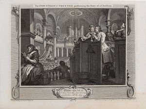 キリスト教徒の本分を尽くす勤勉な見習い。 シリーズ産業と怠惰、1747年。 作： William Hogarth