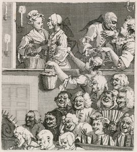 笑う聴衆。 1733年のホガースのオレンジ色のウェンチのあるドゥルーリーレーンの眺め 作： William Hogarth