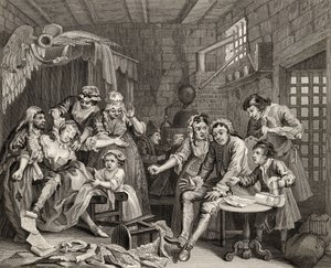 刑務所シーン、「ウィリアム・ホガースの作品」からの「レーキの進歩」からのプレートVII、1833年公開 作： William Hogarth