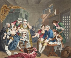 刑務所にある熊手、プレートVII、「A Rake&39;s Progress」、イラスト「Hogarth Restored：The Whole Works of the有名なWilliam Hogarth、re-engraved by Thomas Cook」、パブ。 1812（手塗りのe 作： William Hogarth