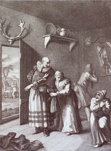 牧師と理髪師が変装してドン・キホーテを連れて行く。 作： William Hogarth