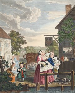 一日の時間帯、夕方、「Hogarth Restored」のイラスト。有名なウィリアム・ホガースの全作品をトーマス・クックが再製したものである。1812年（手彩色の彫刻）。 作： William Hogarth