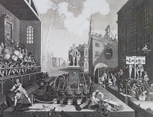 ロンドンでは2人の犯罪者がピローリーやストックに入れられている 作： William Hogarth