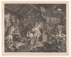 小屋でドレスアップした女優と子供たち 納屋で着替えをする女優たちの散歩 作： William Hogarth