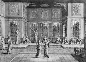 ハーレムで踊る女性、「ヨーロッパ、アジア、アフリカでのSr A. de la Motrayeの航海」、1723年発行、