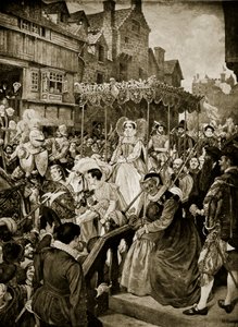 スコットランドのメアリークイーンが1561年にエディンバラに入る。「ハッチンソンのイギリス国民の物語」のイラスト、1923年頃 作： William Hole