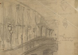 レクト：「プリンスとウェールズの王女の結婚の夜のロンドン橋」のためのロンドン橋の研究、1863年（バフ紙のグラファイト） 作： William Holman Hunt