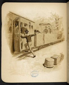 蒸気機関車に乗る。  ホリデー・トレイン: 「Dulce Domum」の歌 ... イラスト W. J. Webb.  フレデリック・ラングブリッジ  ロンドン、1891 作： William J. Webbe or Webb