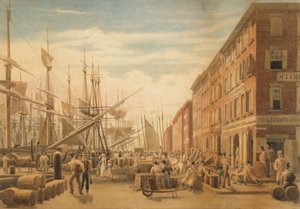 メイデン・レーンからのサウス・ストリートの眺め、ニューヨーク市、1827年頃。 作： William James Bennett