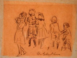 5人の子供（紙に黒チョーク 作： William James Glackens