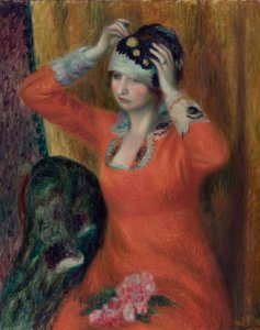 帽子にピン留め赤いドレスの女の子 作： William James Glackens