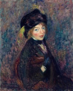 女の子の頭、ターバンの羽 作： William James Glackens
