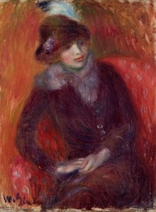 毛皮のネックピースと赤の背景に座っている女性 作： William James Glackens