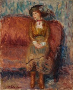 赤いソファに座っている女性 作： William James Glackens