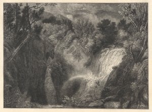 2 つの滝のある風景 作： William James Linton