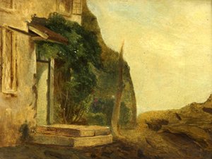 コテージの出入り口（パネルに油彩） 作： William James Muller