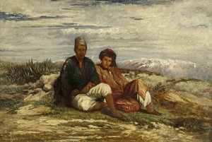 座っている2人のアラブ人（キャンバスに油彩） 作： William James Muller