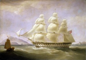 中国沖に浮かぶインディアマン船 "トリトン"。キャンバスに油彩 作： William John Huggins
