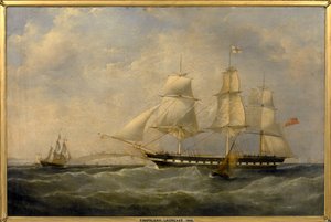 ドーバー（イギリス）沖のインディアマン船「トラファルガー号」。1848年、ロンドンからカルカッタ（インド）へ向かうためにブラックウォール（イギリス）で建造された。 作： William John Huggins