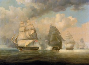 1812年6月23日、英米（英米）戦争または第二次独立戦争（1812年～1815年）勃発の9日後、コネチカット州ニューロンドン沖で起きたHMS「ベルビデラ号」の脱走事件。 作： William John Huggins