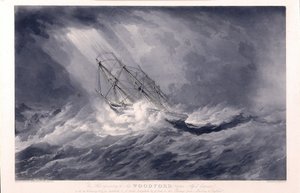1824年、マドラス（インド）とイギリスを往復する途中、嵐に巻き込まれた「ウッドフォード」号（1819年、イギリスのブリストルで建造）、船主兼船長のアルフレッド・チャップマン。 作： William John Huggins