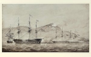 1841年、アモイ（中国）沖のHMS船ウェルズリー号、コロンバイン号、グリゼル号。ラヴィス 作： William Joy
