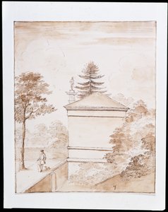 チズウィック、鹿の囲いのハの字の内側の堤防から撮影された鹿の家の側面の風景、ドーリック柱が垣間見える（紙にペン＆ウォッシュ 作： William Kent