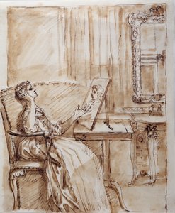 ガーデンルームに座ってオールドマスター（？）の絵を鑑賞するバーリントン夫人（紙にペンとインク）。 作： William Kent