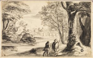 遠くに村と橋がある木の下の 2 人の旅行者 作： William Kent