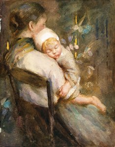 膝の上で眠っている子供を持つ若い母親 (紙に水彩)