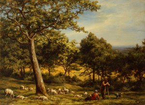 太陽に照らされた森の中の羊飼いと群れ 作： William Linnell