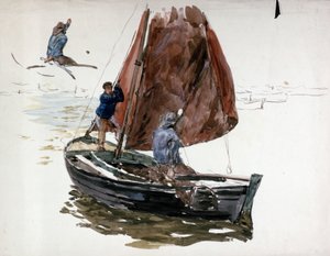 小さな帆船に乗る男性と少年。水彩画 作： William Lionel Wyllie