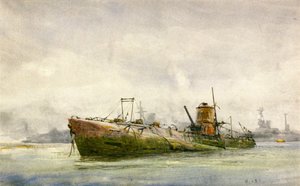 降伏し、浜に浮かぶ潜水艦、ポーツマス 作： William Lionel Wyllie