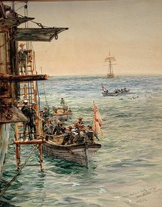 サンタ・ポーラのH.M.S.テセウス号を乗せた日食パーティ（水彩・紙） 作： William Lionel Wyllie