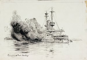 フォークランド諸島沖海戦の開幕弾を発射するポート・スタンレーのHMS「カノープス」、1914年12月8日（ペン・インク、黒水彩、カード） 作： William Lionel Wyllie