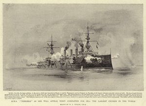 世界最大の巡洋艦「シー」の完成時に登場するHMS恐ろしい 作： William Lionel Wyllie